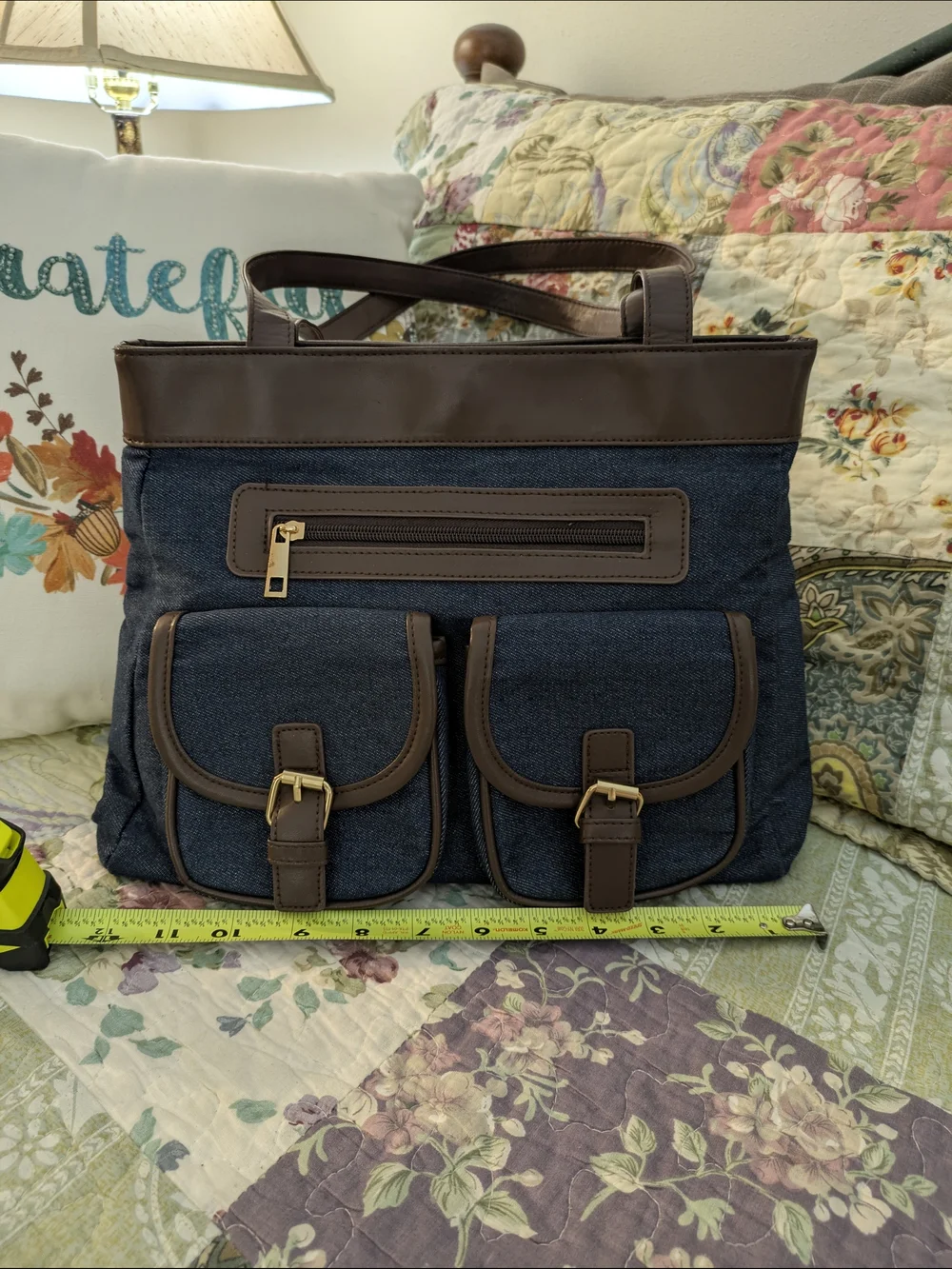 Navy Blue Tote with Brown Trim